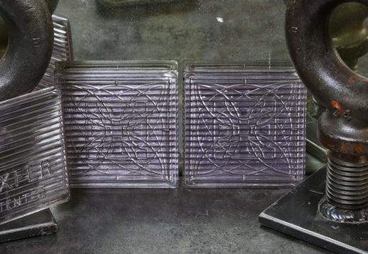 frank lloyd wright designed original exterior "sun-purple" prism glass transom tiles with "geometric flower" design motif