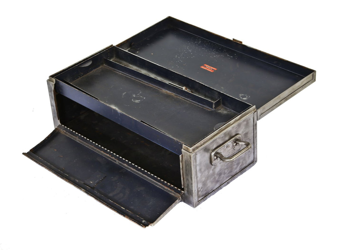 late 1930's refinished american industrial montgomery ward folded and pressed brushed steel multi-compartment tool box