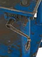 lightly cleaned c. 1940's american vintage industrial fully adjustable blue enameled "portelevator" with hardened rubber wheels