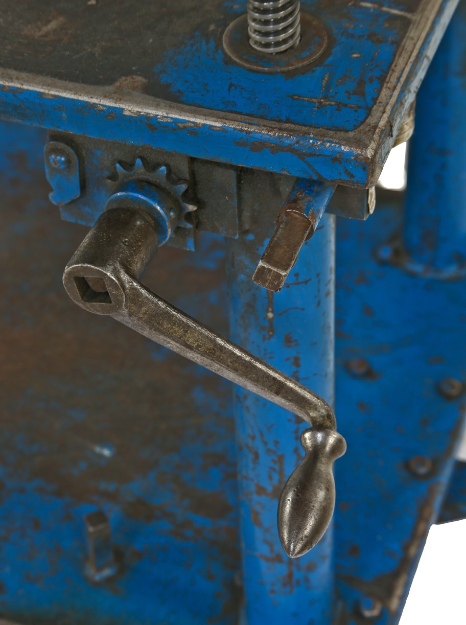 lightly cleaned c. 1940's american vintage industrial fully adjustable blue enameled "portelevator" with hardened rubber wheels