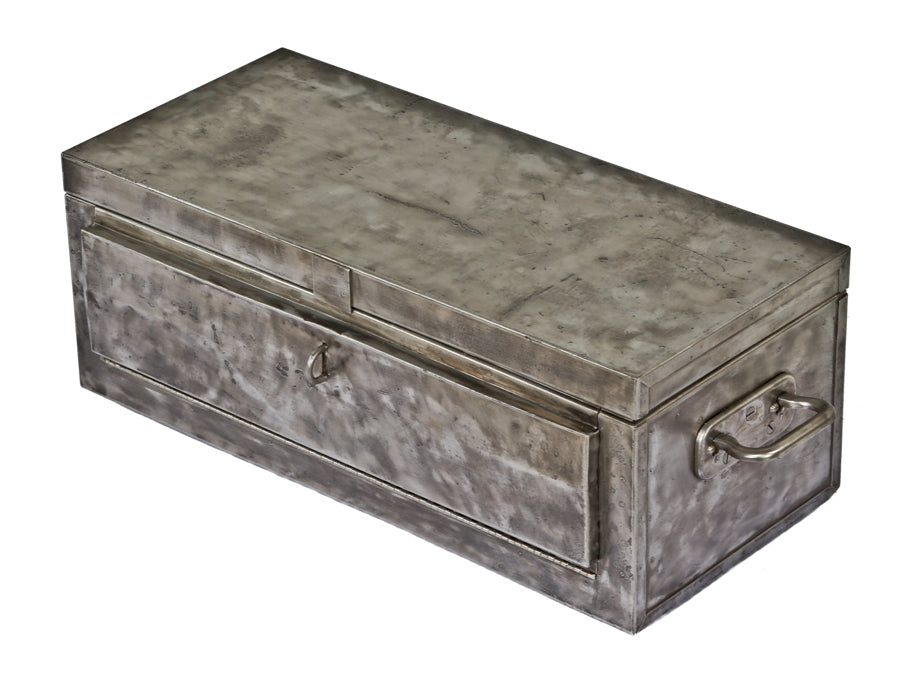 late 1930's refinished american industrial montgomery ward folded and pressed brushed steel multi-compartment tool box