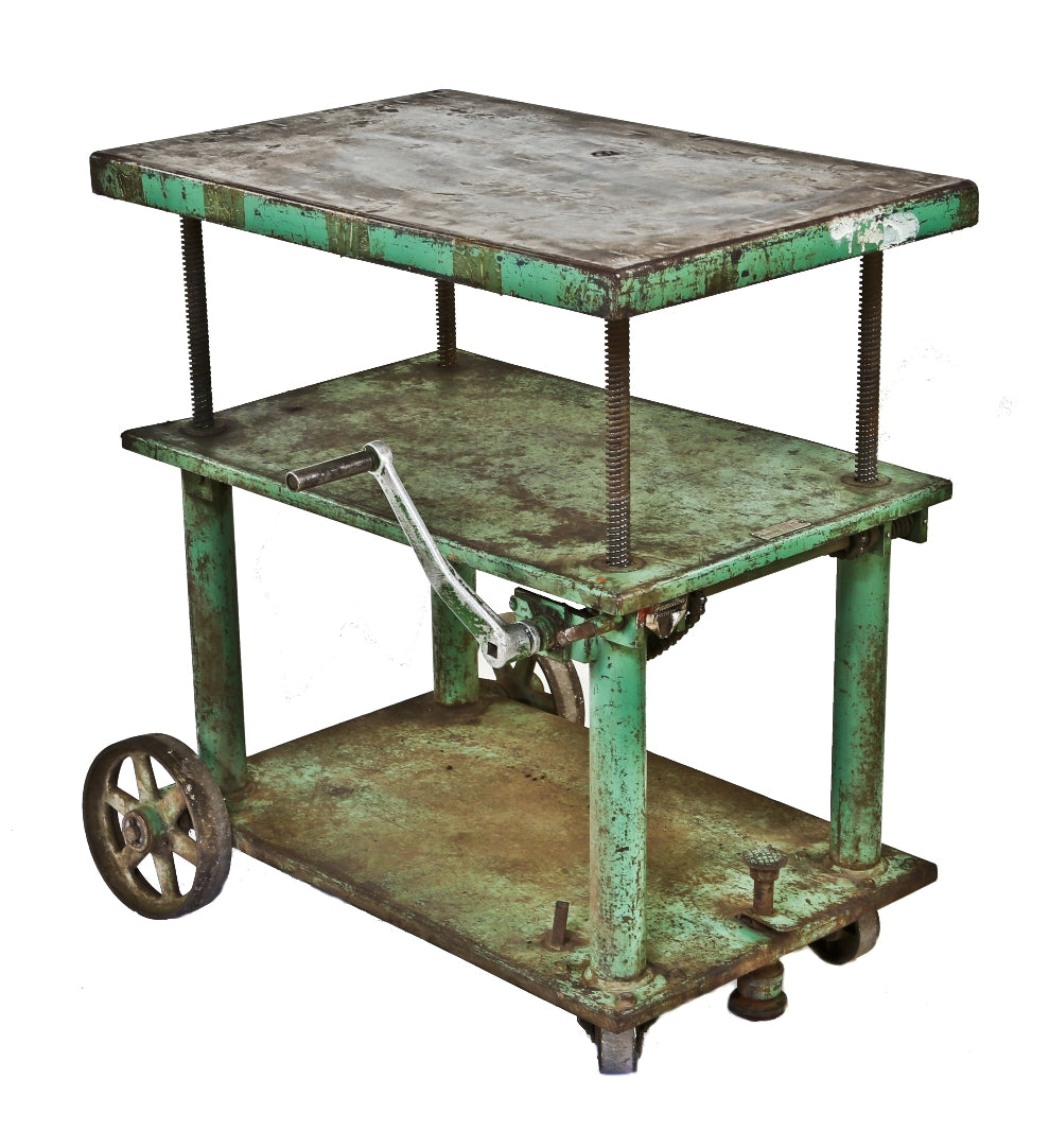 original c. 1940's american industrial "factory green" robust "portelevator" mobile die cart with original hand crank