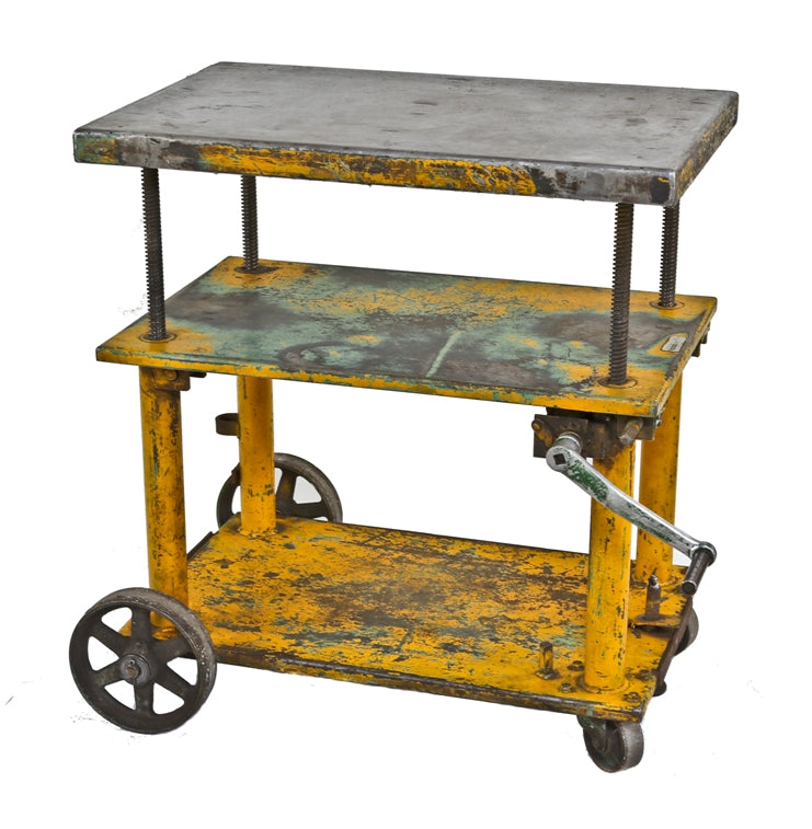 nicely distressed yellow painted c. 1940's west side chicago factory all-welded mobile "portelevator" hand crank die cart with solid steel deck