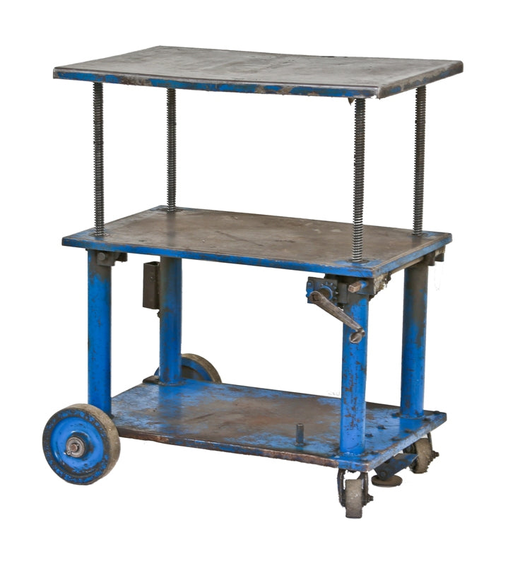 lightly cleaned c. 1940's american vintage industrial fully adjustable blue enameled "portelevator" with hardened rubber wheels