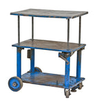 lightly cleaned c. 1940's american vintage industrial fully adjustable blue enameled "portelevator" with hardened rubber wheels