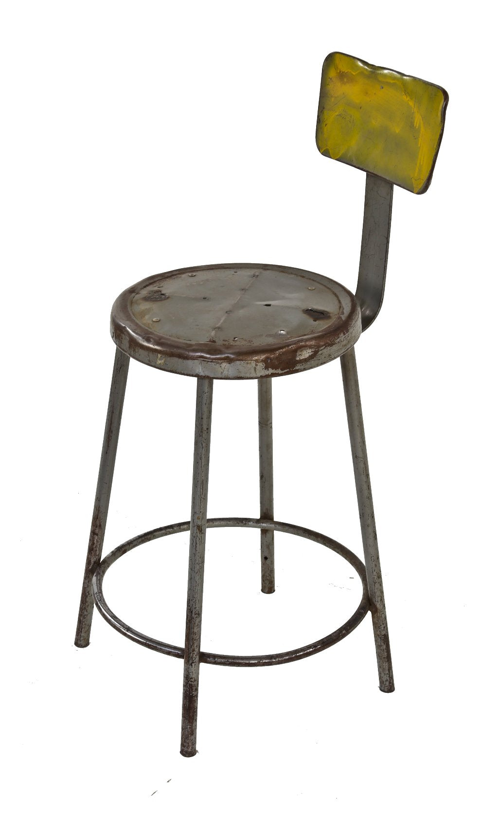 sturdy four-legged american industrial tubular steel stationary factory machinist stool with intact tubular foot ring or heel rest