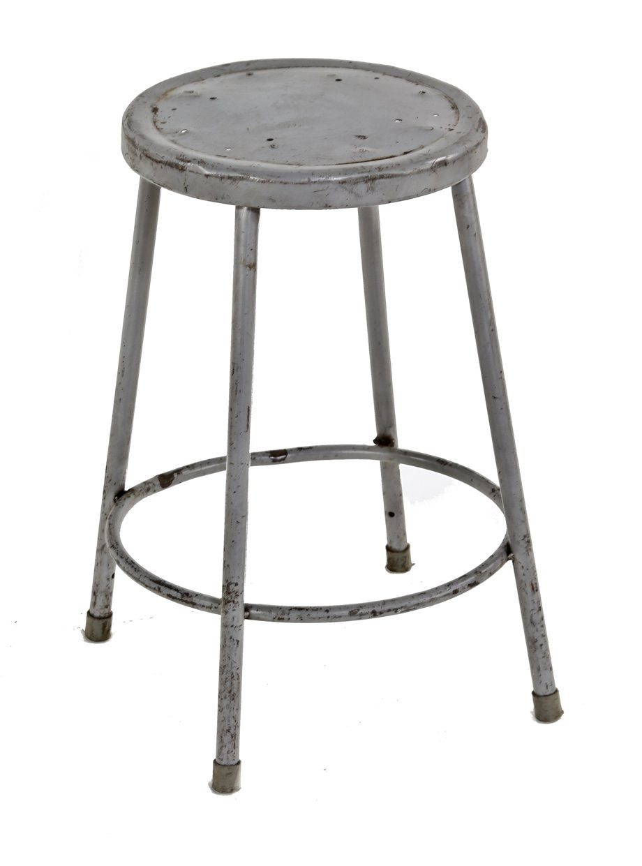 1950's original backless gunship gray enameled lightweight pressed and formed tubular steel factory workbench stool