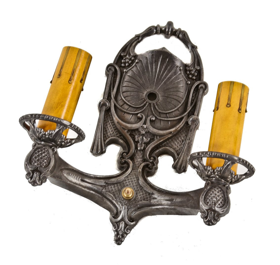 working and original c. 1930's american depression era double arm "electric candle" wall sconce with brushed metal finish