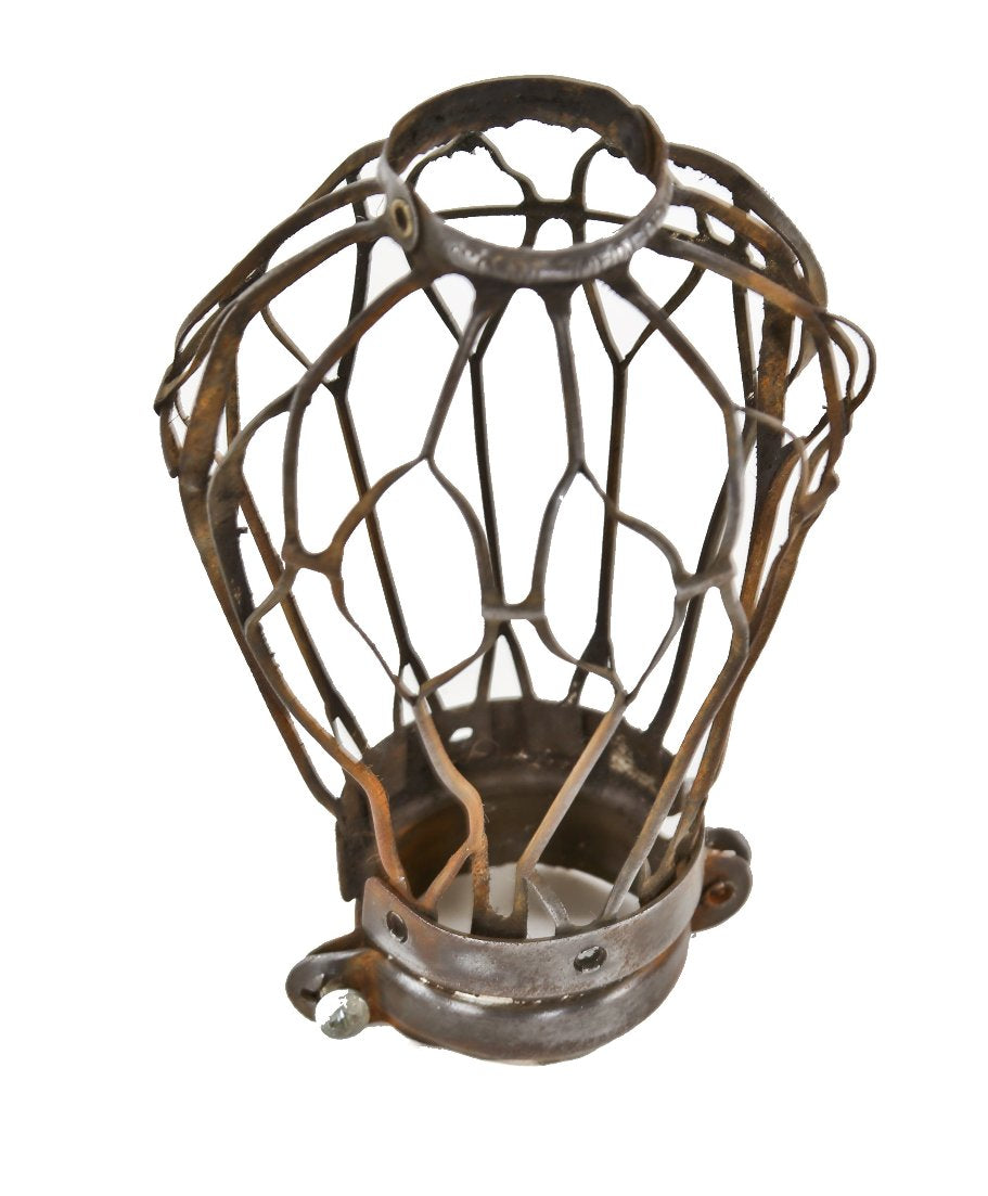 early 20th century lightly cleaned american industrial single incandescent lamp "flexco-lok" expanded metal cage or guard