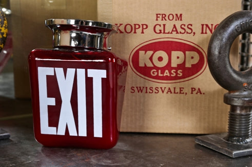 hard to find new old stock late 1930's american double-sided ruby red glass ceiling mount illuminated exit sign with polished chrome fitter