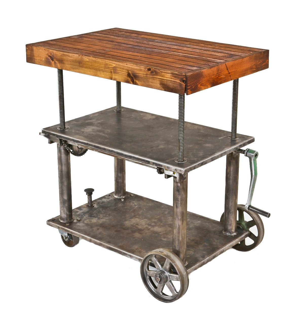 thoroughly cleaned and refinished american vintage industrial brushed steel adjustable height die cart with newly added oak wood top
