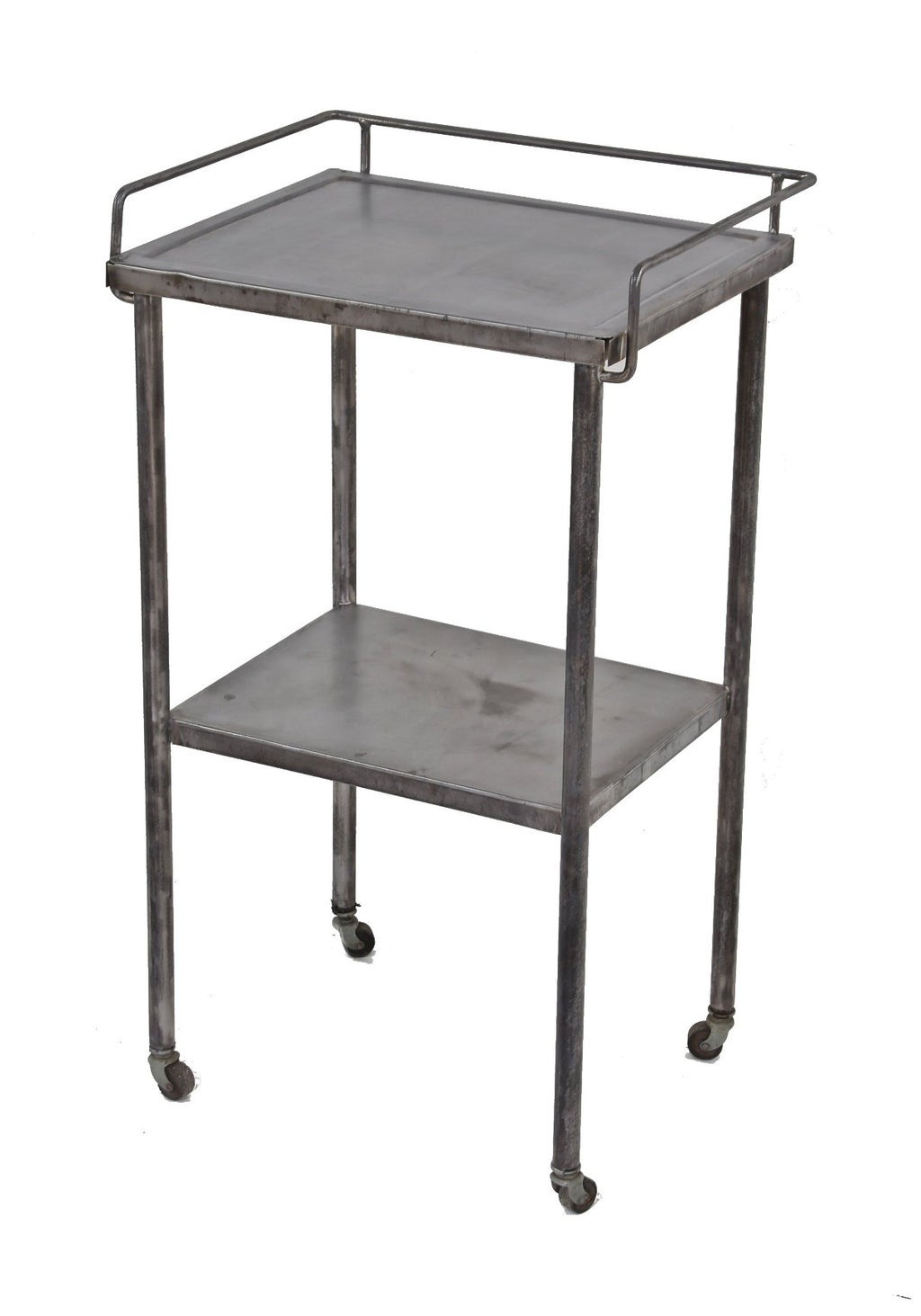 lightweight c. 1940's american vintage medical two tier pressed and folded steel hospital supply cart with tubular metal legs