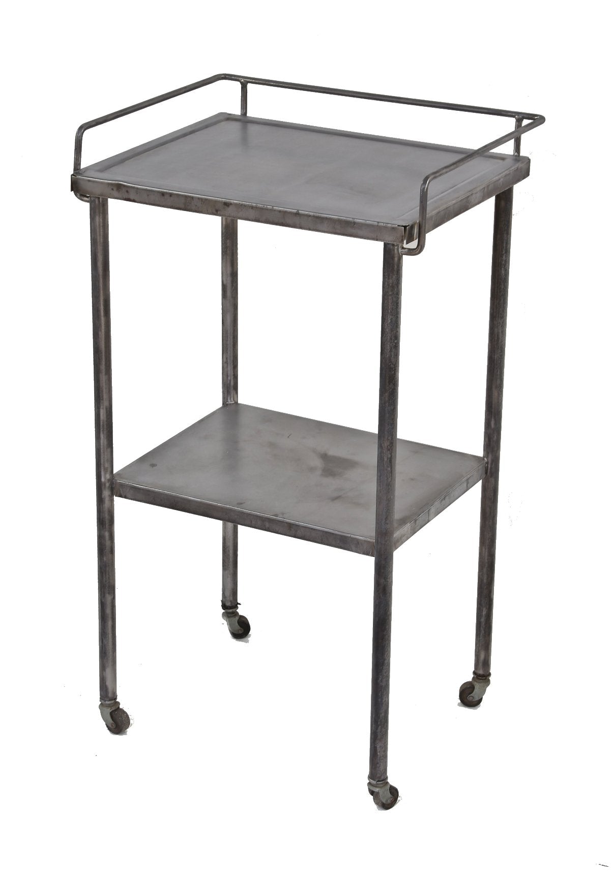 lightweight c. 1940's american vintage medical two tier pressed and folded steel hospital supply cart with tubular metal legs