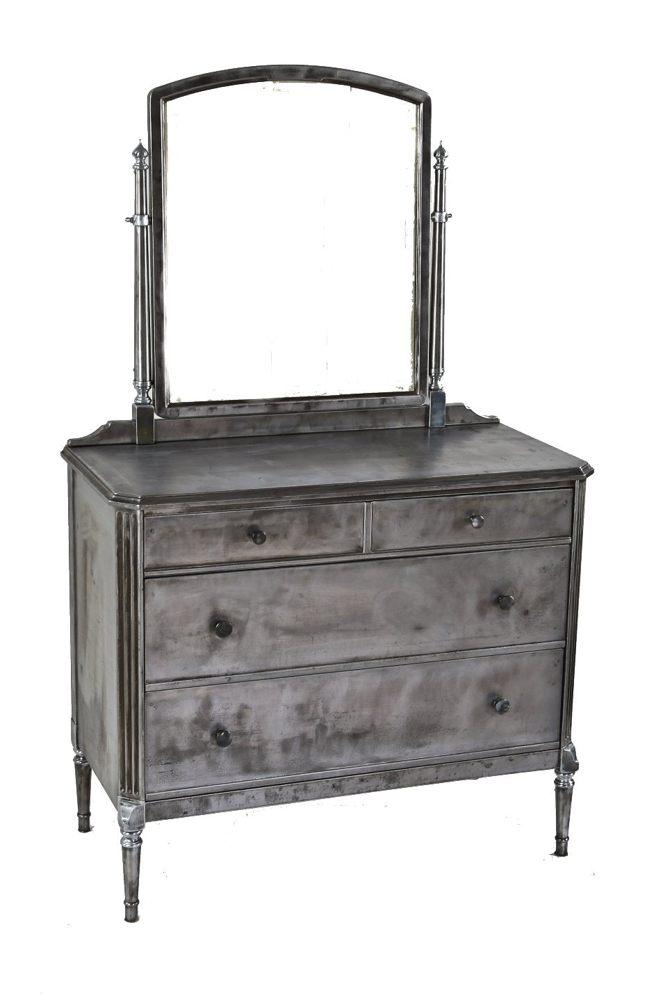 late 1930's american industrial hotel or hospital room brushed metal "low boy" stationary dresser with intact oversized swivel mirror