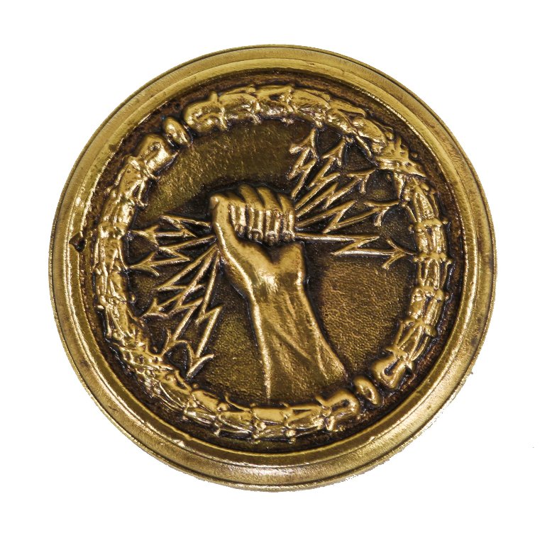 ornamental cast brass c. 1900's emblematic antique american passage size doorknob with fist grasping lightning bolts