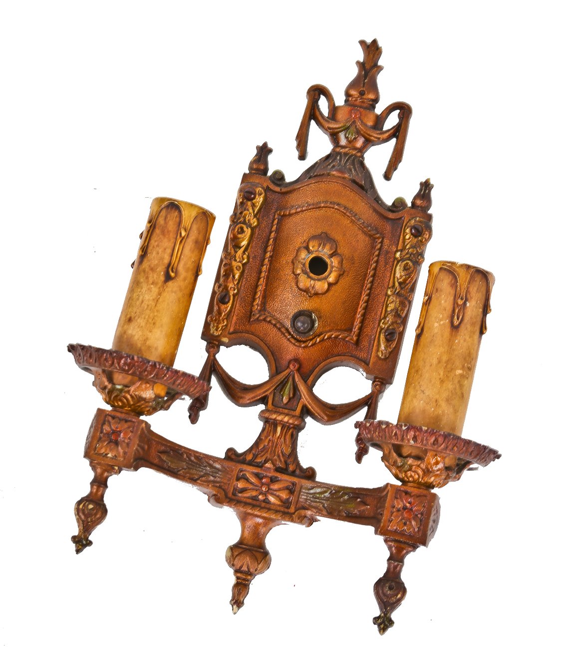double arm "electric candle" wall-mount chicago bungalow cast zinc sconce fixture with original antique gold enameled finish