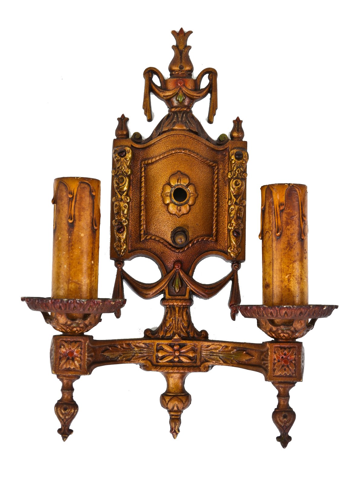 original c. 1930's double arm "electric candle" flush mount interior residential candelabra wall sconce with antique gold finish