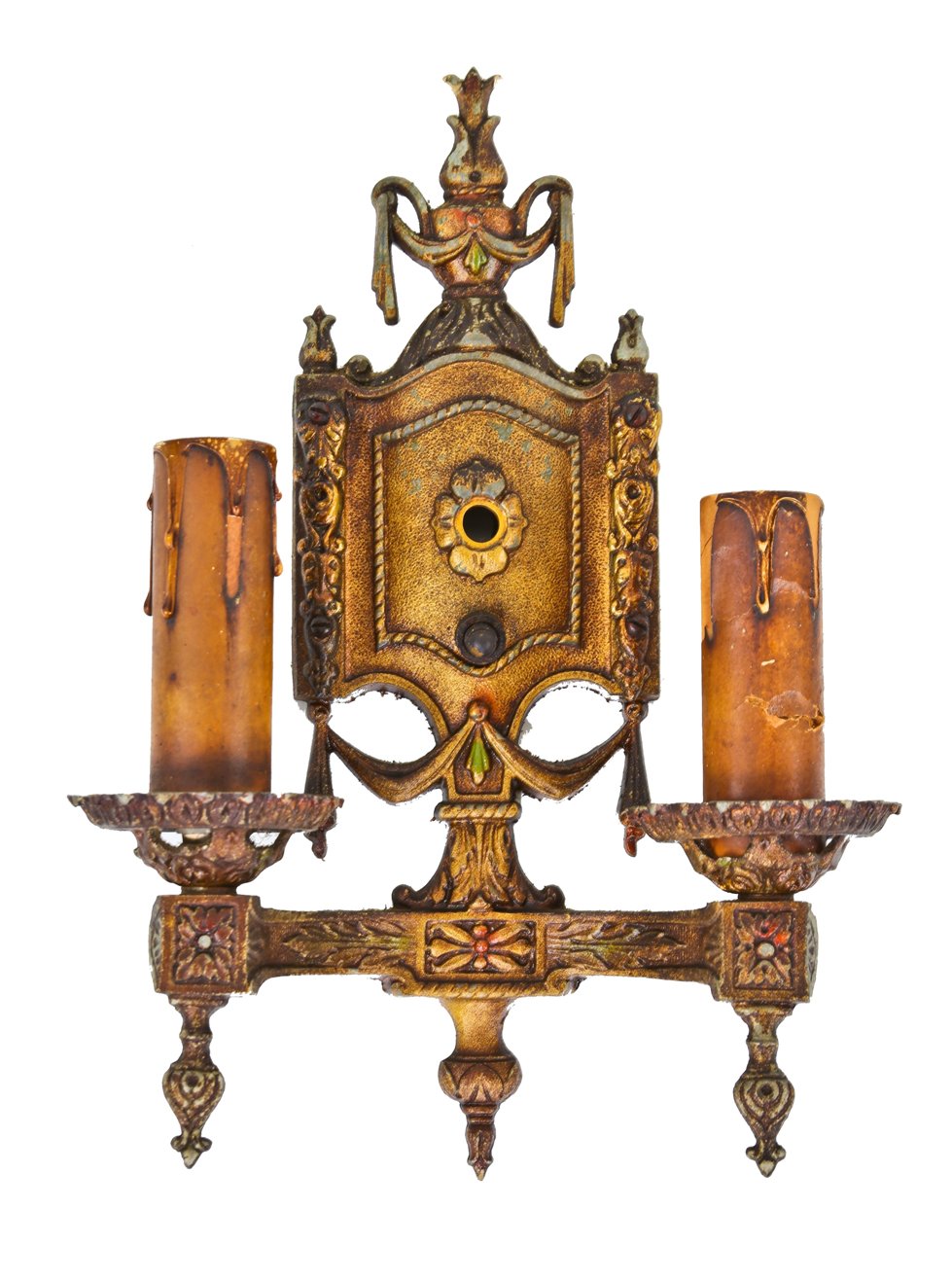 all original c. 1930's american antique double-arm interior residential wall-mount electric sconce with antique gold enameled finish