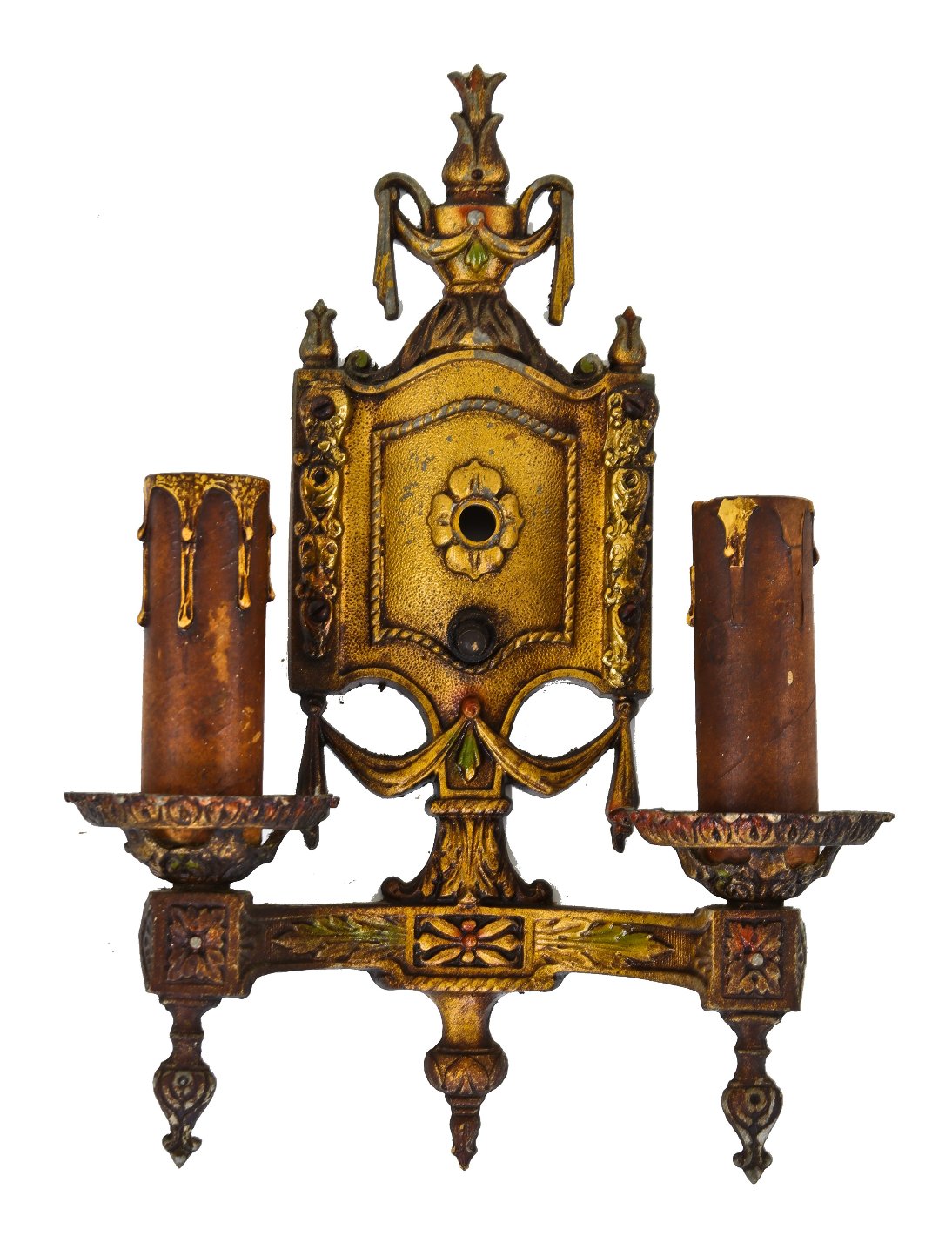 single american depression era antique ornamental cast zinc double arm wall sconce with original polychrome enameled finish
