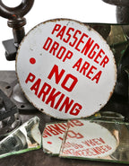 original single-sided heavy gauge die cut steel white porcelain enameled union station city street "no parking" lollipop sign