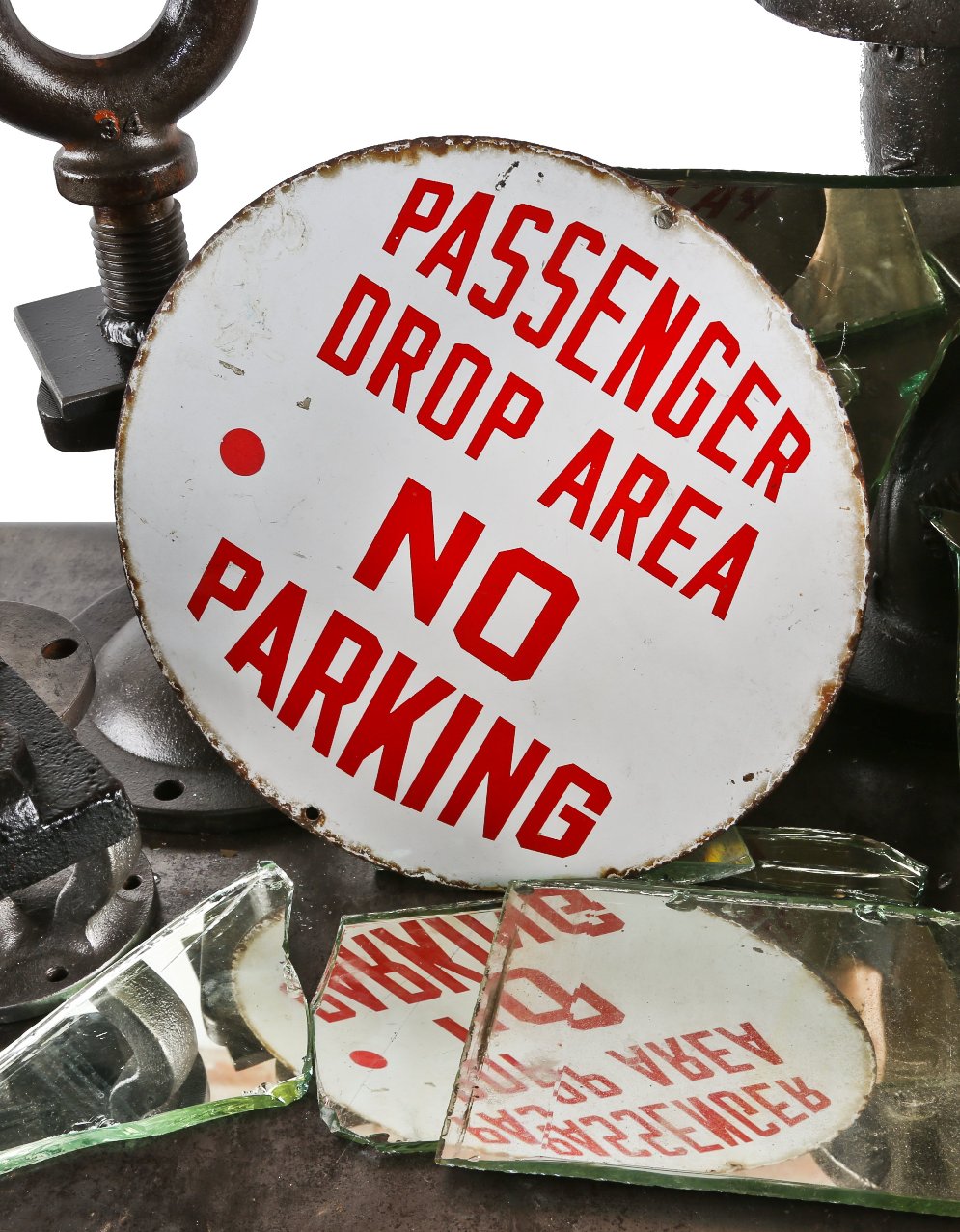 original single-sided heavy gauge die cut steel white porcelain enameled union station city street "no parking" lollipop sign