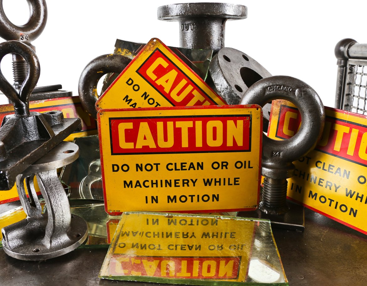 brightly colored c. 1940's american industrial st. louis meat processing plant "do not clean..." cautionary pressed metal machine sign