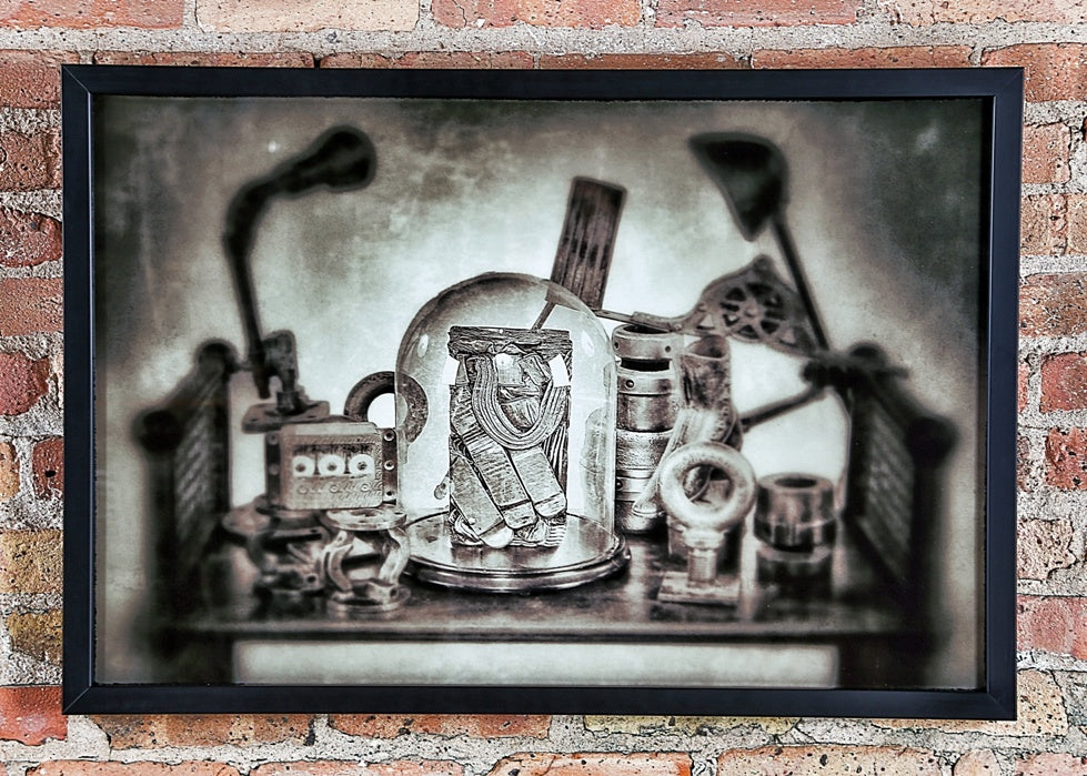 limited edition large format wall-mount digital print entitled "assemblage" with black enameled custom-built wood frame