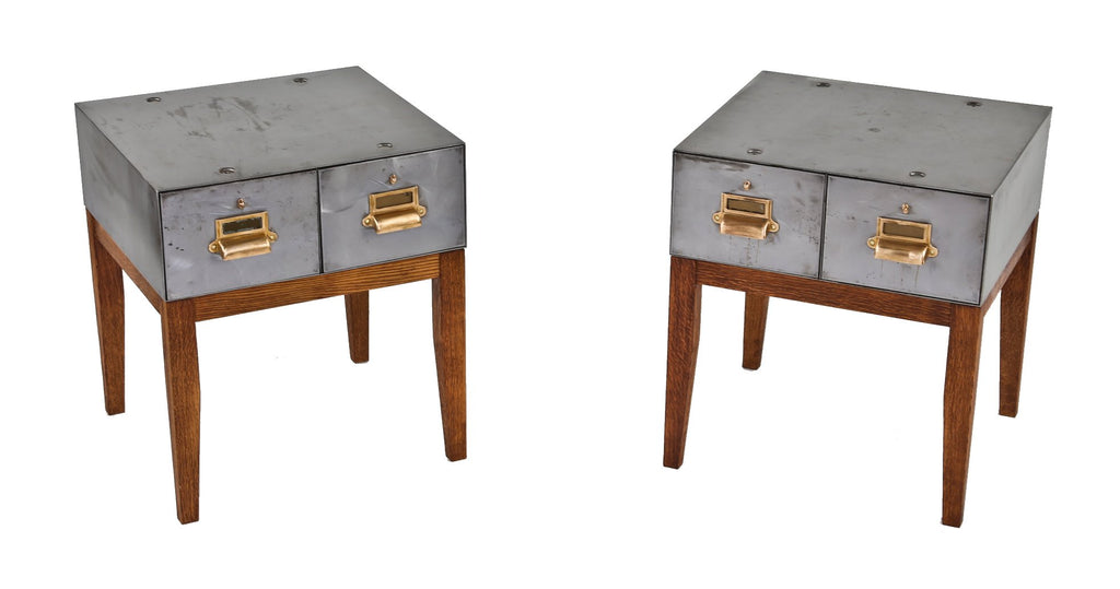 matching set of completely repurposed american industrial lyon steel cabinet side table or nightstands with four-legged oak wood bases