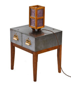custom-built quartered oak and walnut wood electric table or desk lamp containing frank lloyd wright-designed prism glass tiles