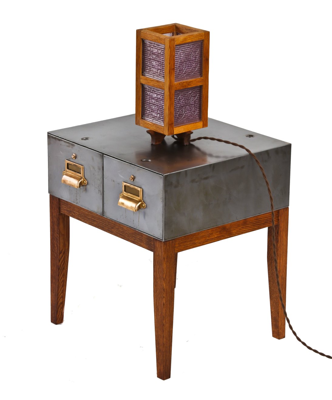 matching set of completely repurposed american industrial lyon steel cabinet side table or nightstands with four-legged oak wood bases
