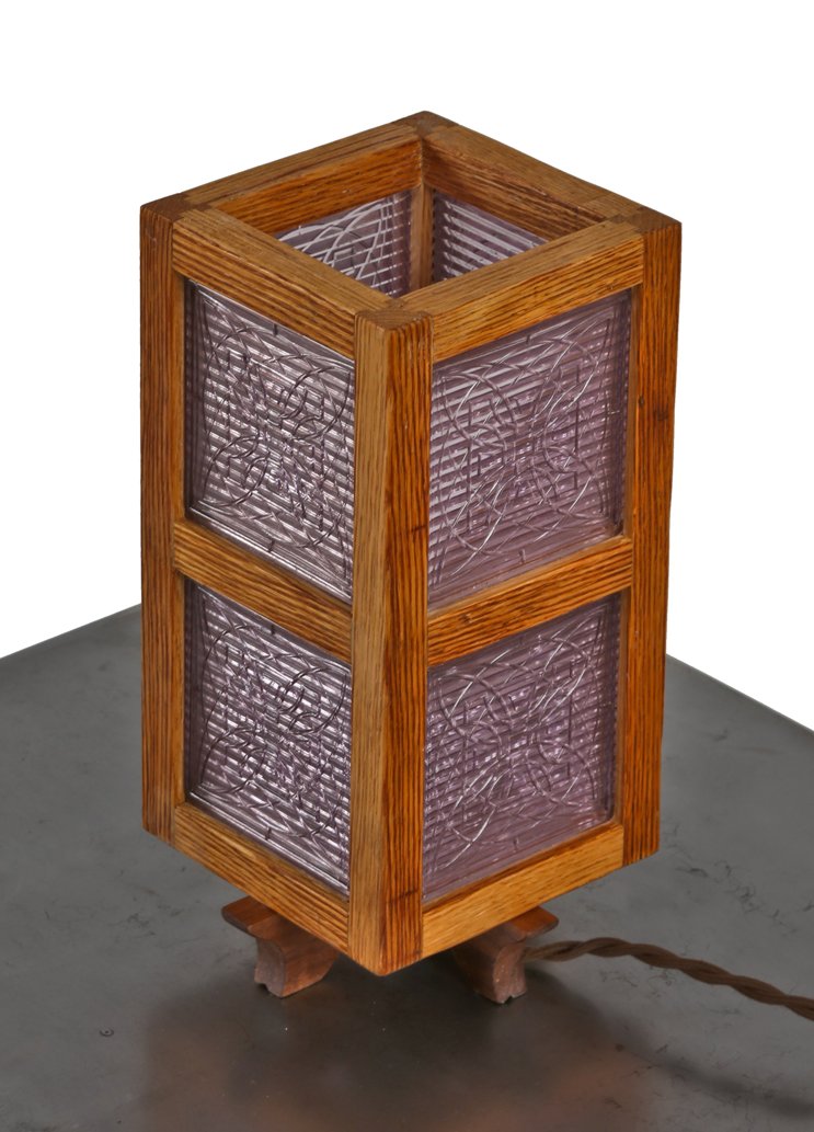 custom-built quartered oak and walnut wood electric table or desk lamp containing frank lloyd wright-designed prism glass tiles