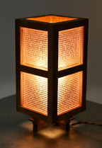 custom-built quartered oak and walnut wood electric table or desk lamp containing frank lloyd wright-designed prism glass tiles