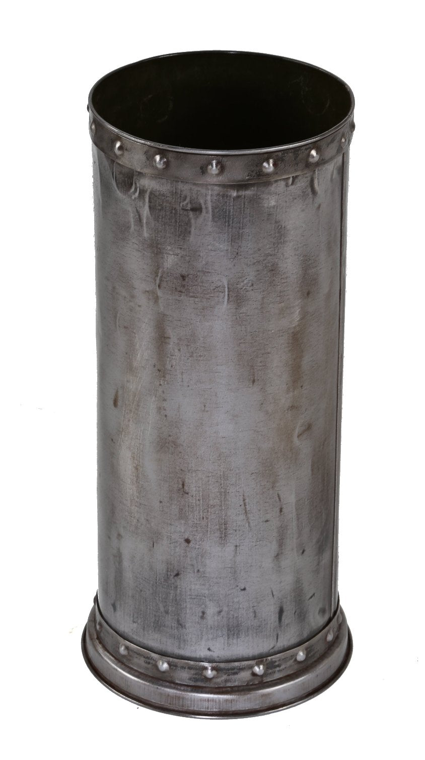 tall and slender c. 1920's original american industrial factory office cold-rolled steel trash can with a mostly uniform brushed metal finish