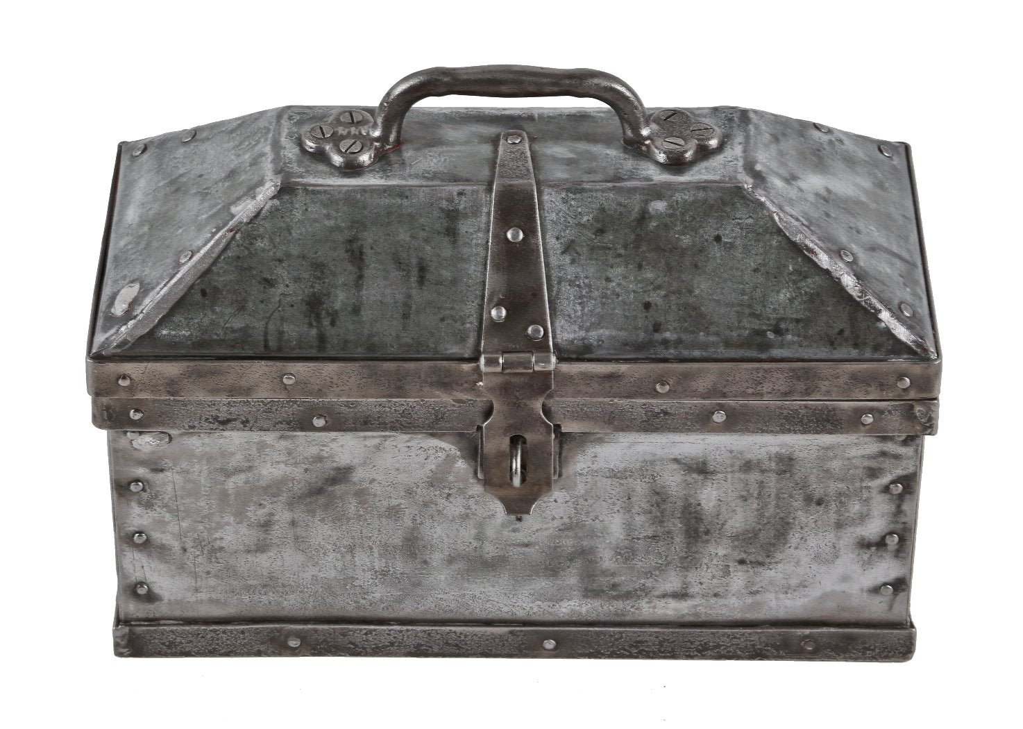 original custom-built american depression era riveted joint iron and steel factory machinist's toolbox with pyramidal-shaped top