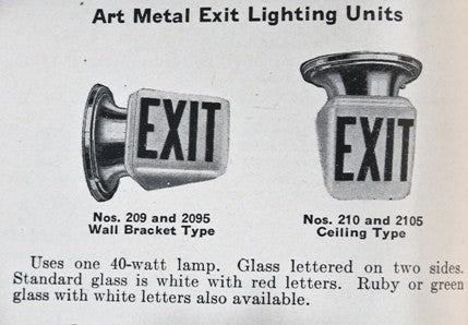 c. 1930's original and completely intact fully functional american depression era st. louis commercial building ruby red glass exit light with baked-on black enameled lettering