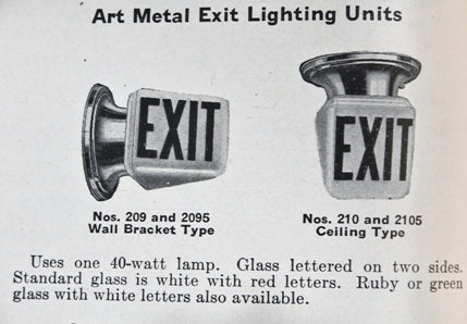 late 1920's original chicago commercial building ceiling mount hallway illuminated ruby red glass double-sided wedge shaped exit sign with polished chrome fitter