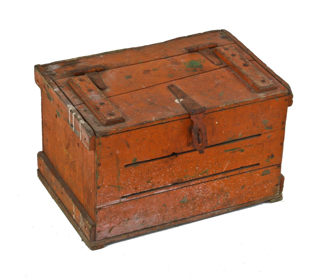nice sized american industrial bright orange painted shopworn pine wood cabinet or chest with strap hinges and hasp