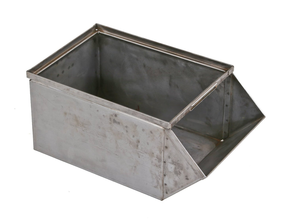 robust c. 1940's single pressed and folded heavy gauge brushed steel factory machine shop hopper box with slanted front