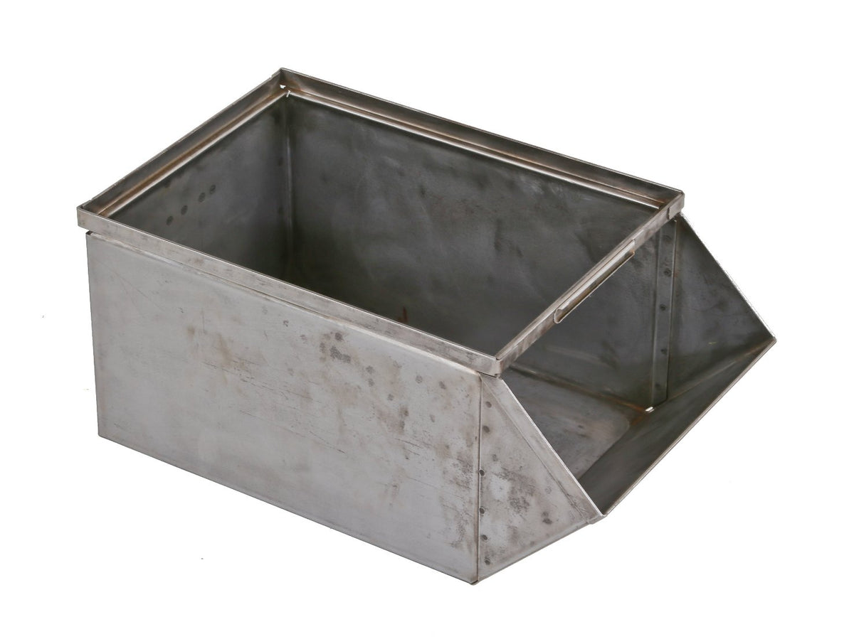 robust c. 1940's single pressed and folded heavy gauge brushed steel factory machine shop hopper box with slanted front
