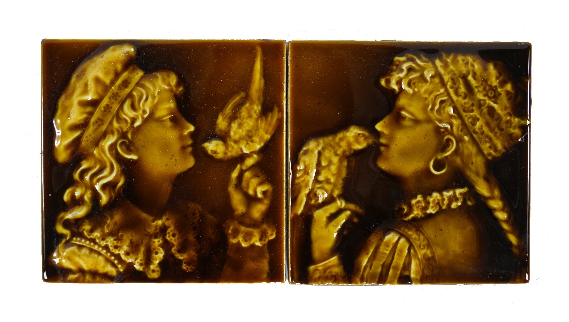 highly desirable19th century american antique victorian era figural fireplace majolica tiles with costumed women and perched birds