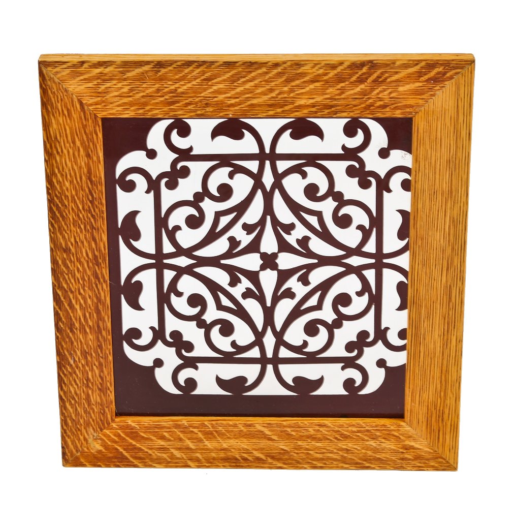 19th century high victorian lightly etched "ornamental panel" with amethyst-colored flash glass accent secured in an oak wood frame