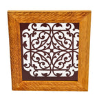 19th century high victorian lightly etched "ornamental panel" with amethyst-colored flash glass accent secured in an oak wood frame