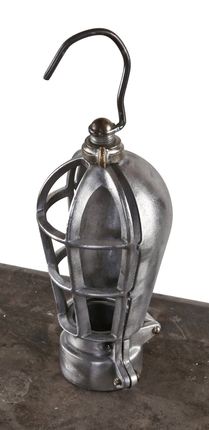c. 1940's original reinforced cast aluminum sectional bulb guard for handheld trouble light with cage and reflector