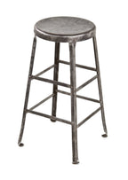 original c. 1930's american industrial riveted joint four-legged angled steel factory machinist stool with brushed metal finish