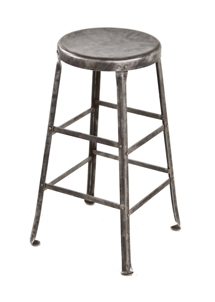 original c. 1930's american industrial riveted joint four-legged angled steel factory machinist stool with brushed metal finish
