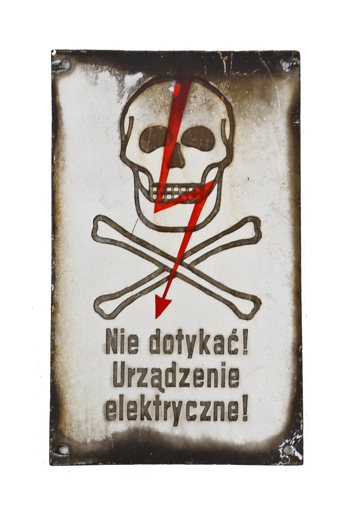nicely aged and/or weathered antique american industrial single-sided porcelain enameled "high voltage" electric-power transmission line pole graphic sign with skull and crossbones