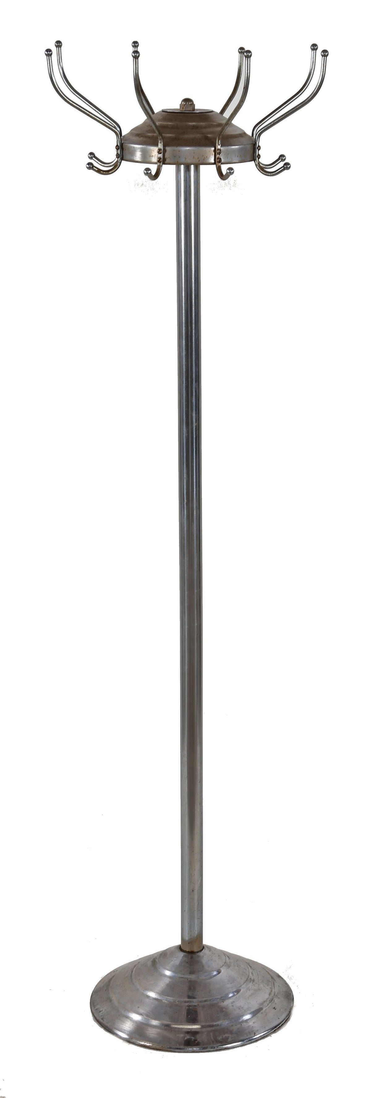 c. 1940's all original american machine age revolving top chrome plated steel barbershop coat rack with stepped base