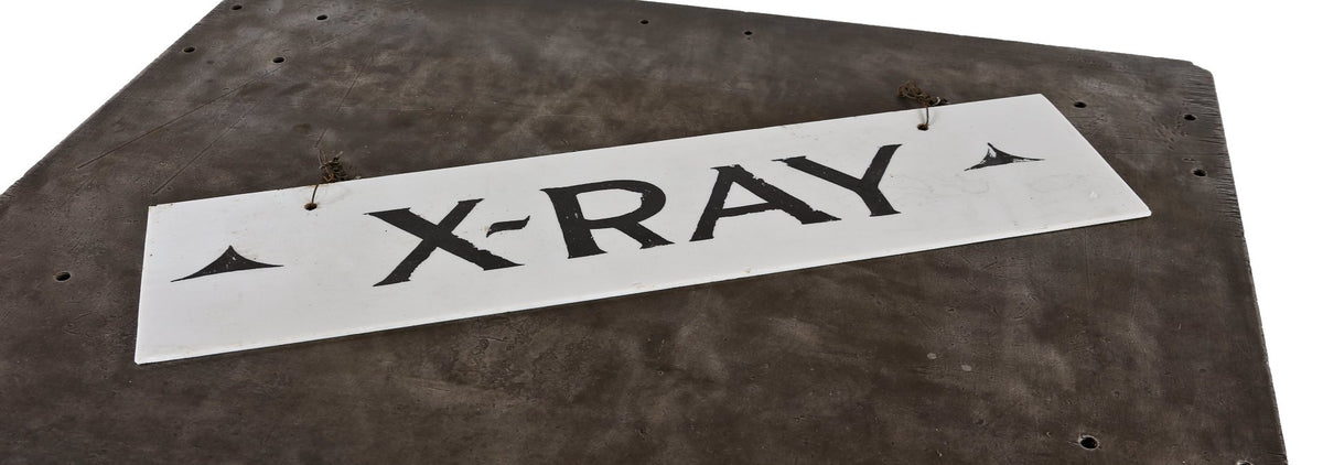 rare c. 1920's original single-sided hanging interior white opalescent glass hospital radiology department "x-ray" sign with black lettering