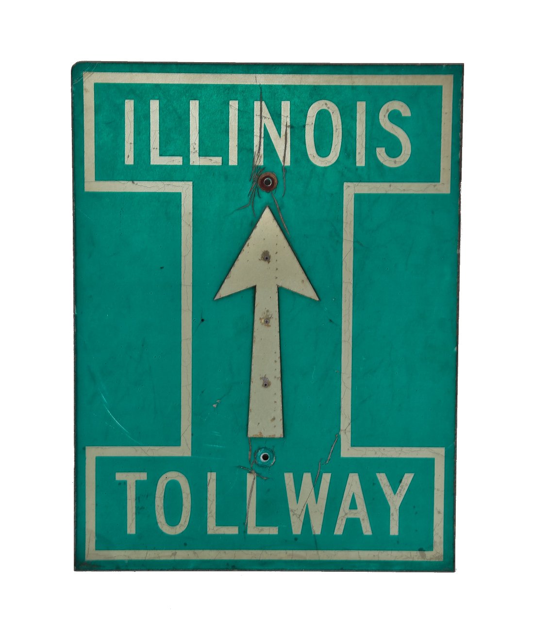 original state-issued original c. 1960's single-sided die cut aluminum illinois state tollway sign with large directional arrow