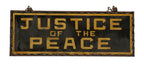 unique early 20th century american courthouse building hanging "justice of the peace" reverse-painted glass sign with scalloped edges